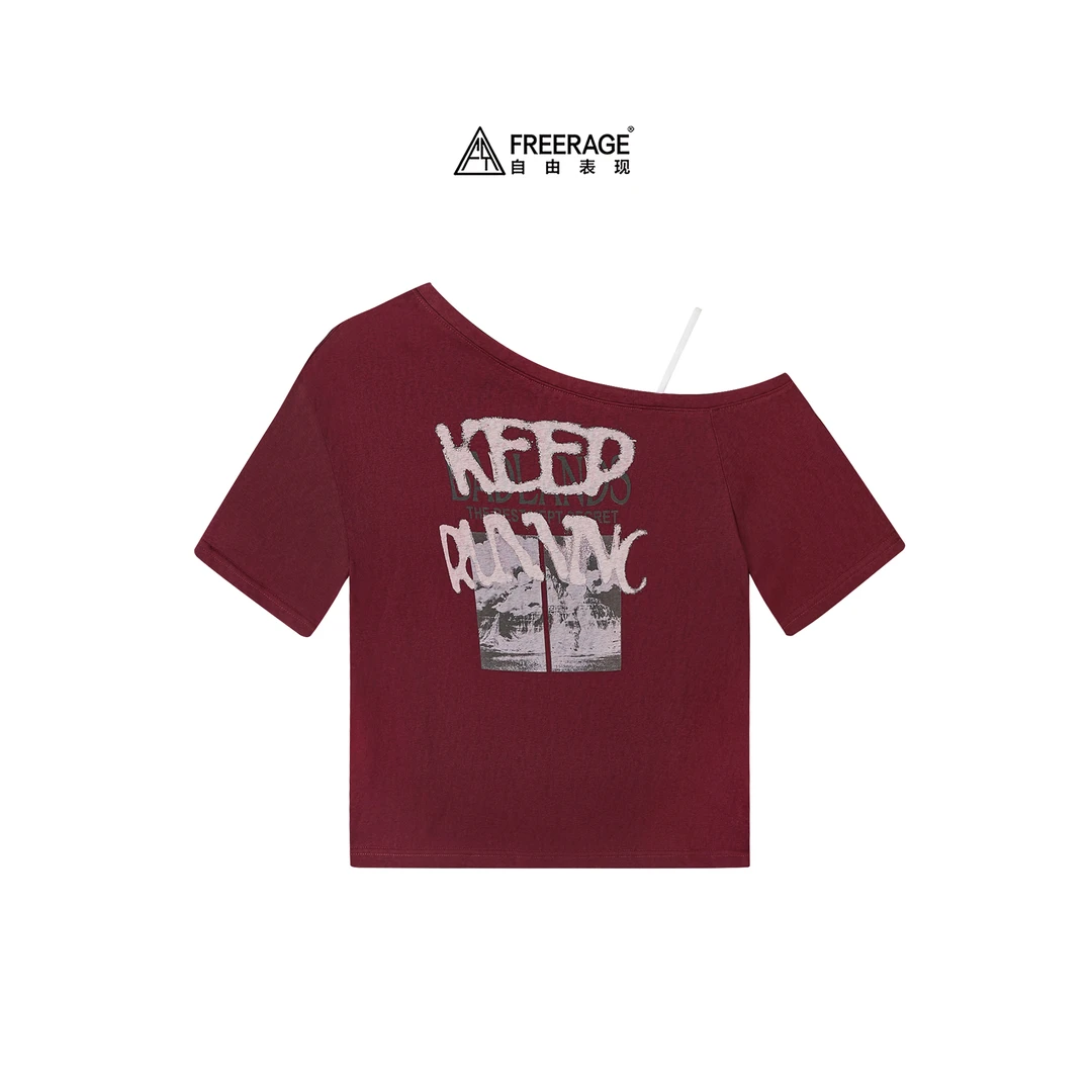 FreeRage/自由表现 一字肩带印花透气短袖   25881