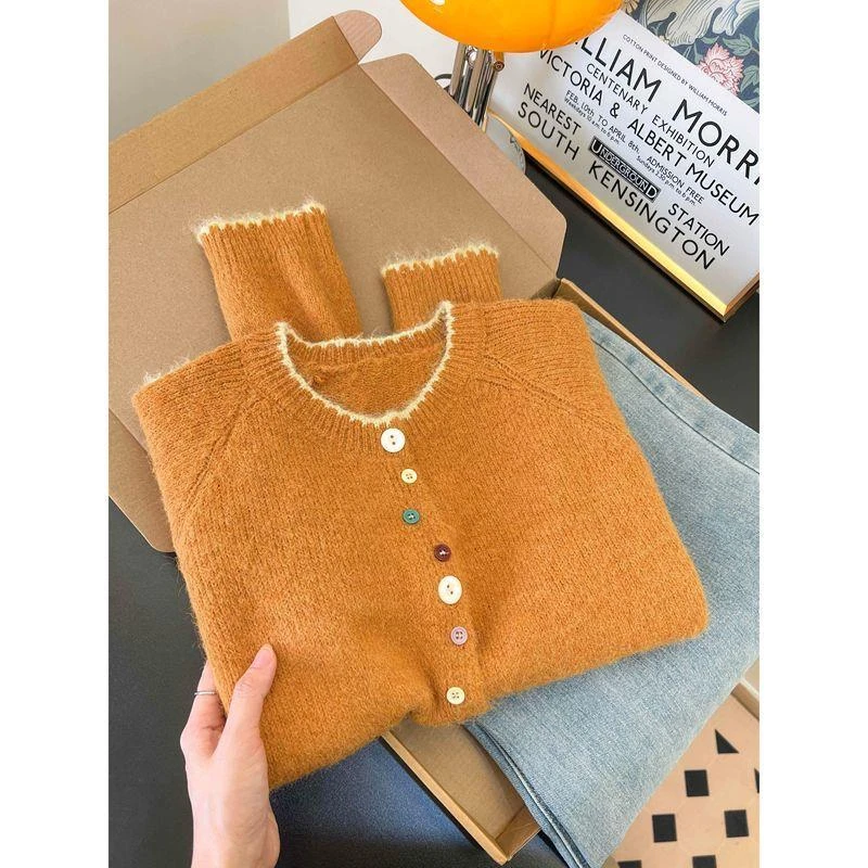 韩系撞色针织毛衣秋冬彩色纽扣新款上衣慵懒宽松开衫外套打底