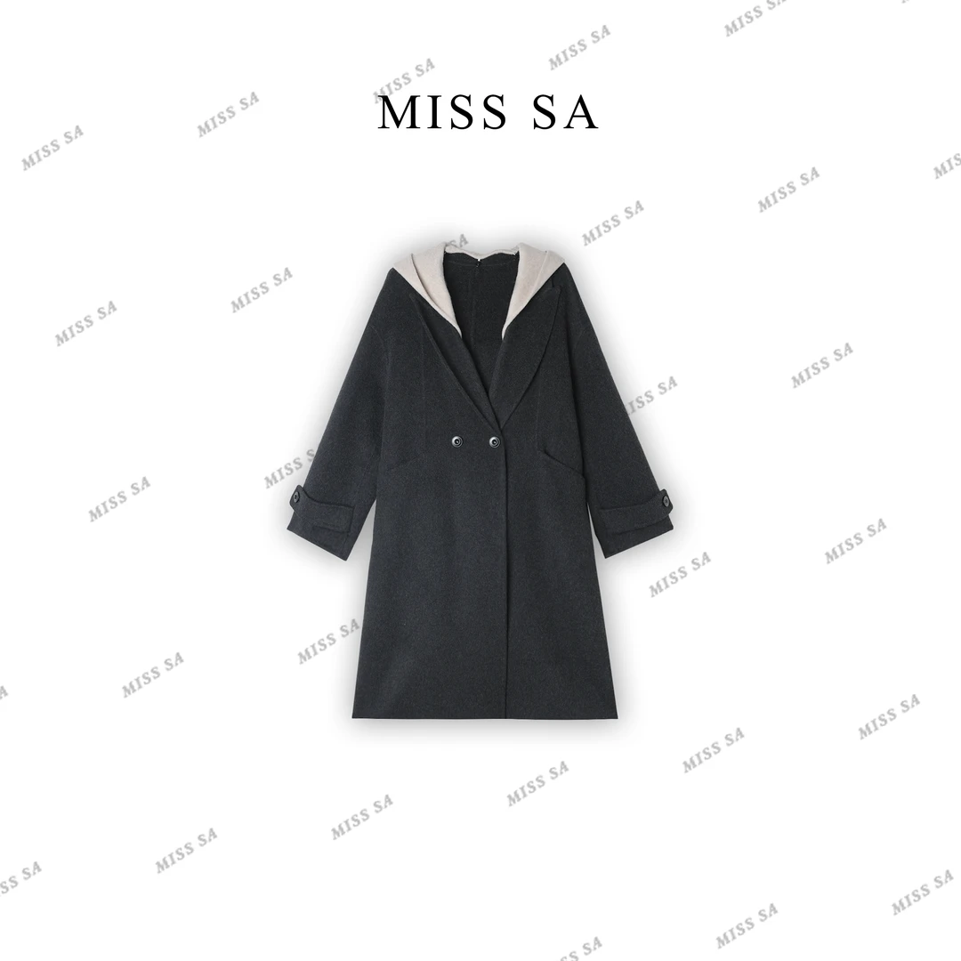 MISS SA 羊绒毛呢长款连帽大衣女秋冬双面呢轻奢气质外套25109683