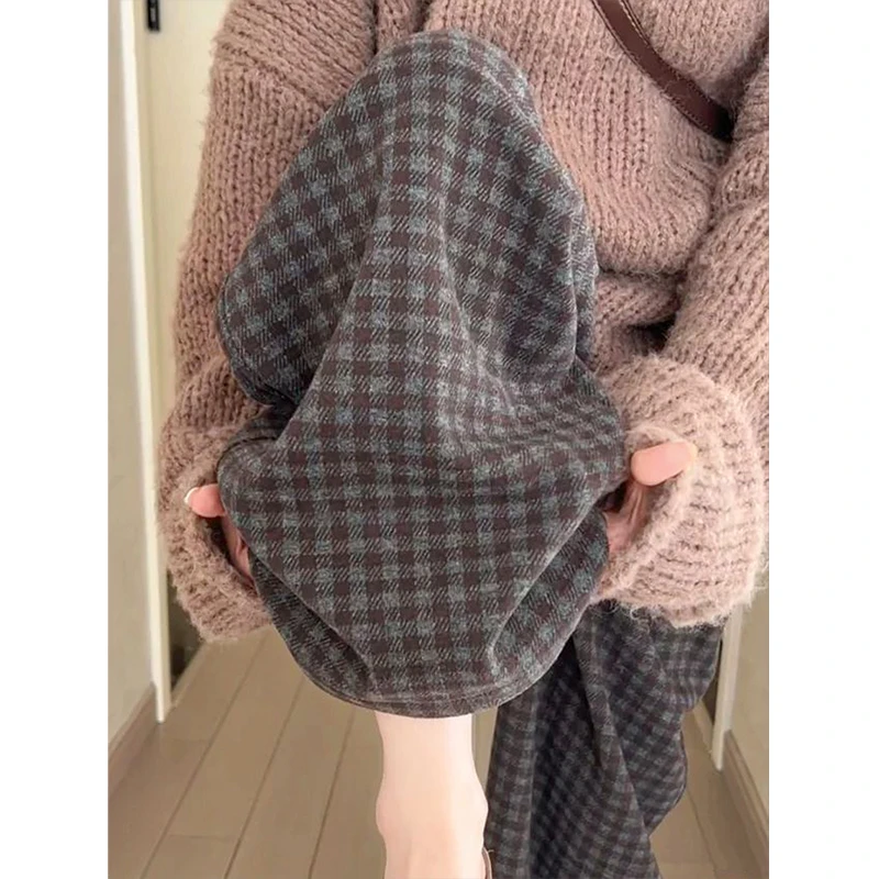 黑灰色加绒格子裤女秋冬季加厚2025新款高腰慵懒小个子直筒阔腿裤