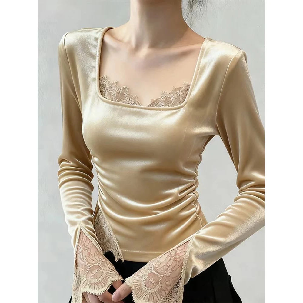 巨好看的早秋衬衫女高级感轻奢减龄洋气独特漂亮掐腰杏色丝绒上衣