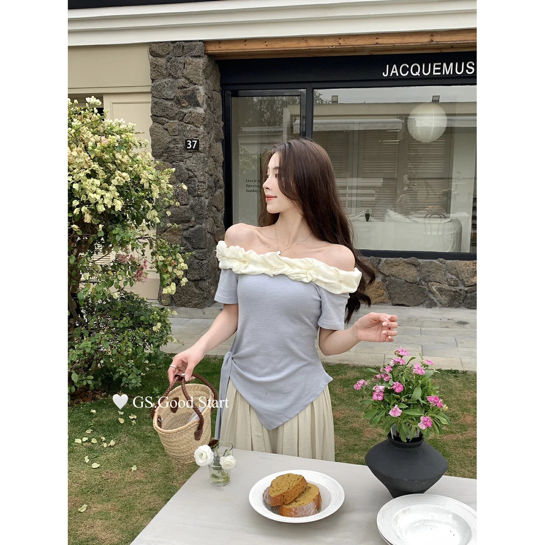 钩花蕾丝拼接云朵一字肩小衫显瘦短款夏季小众纯欲衣服洋气女装