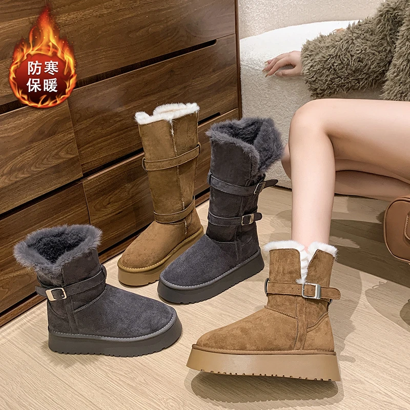 超火时尚毛毛雪地靴女款冬季新款加绒加厚保暖长靴厚底东北大棉靴
