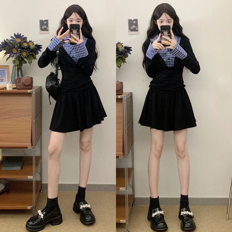 大码胖mm秋款新款黑色假两件长袖连衣裙格纹拼接复古收腰气质短裙