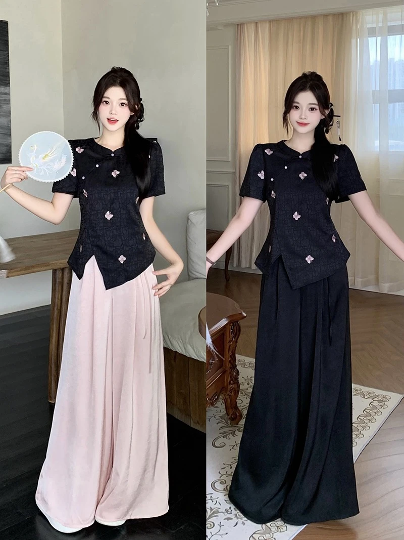 大码女装夏季2025新款国风新中式不规则短袖时尚上衣阔腿裤套装