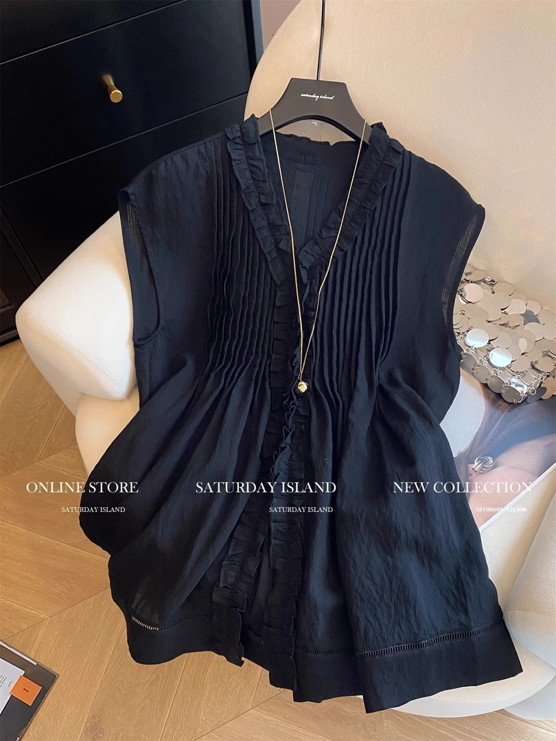 高级感木耳花边拼接压褶无袖衬衫女2025夏季新款宽松显瘦气质上衣