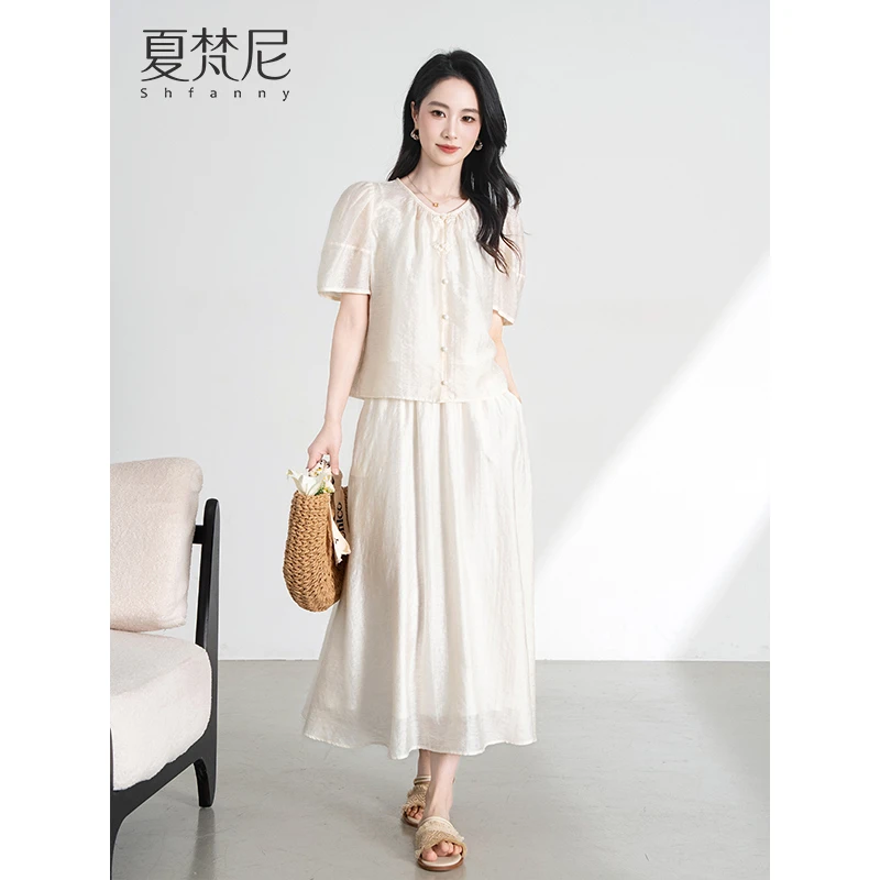 夏梵尼氧气风玲2025夏季新款新中式气质欧若风小衫半裙套装
