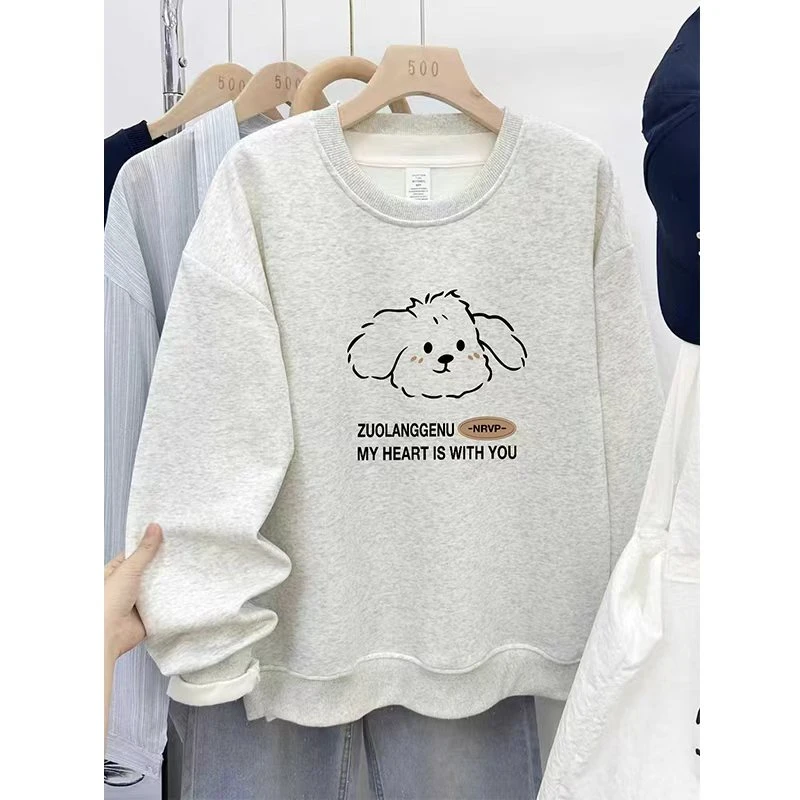 白灰色正肩圆领卫衣女秋冬季韩版慵懒风洋气小狗印花大码套头上衣