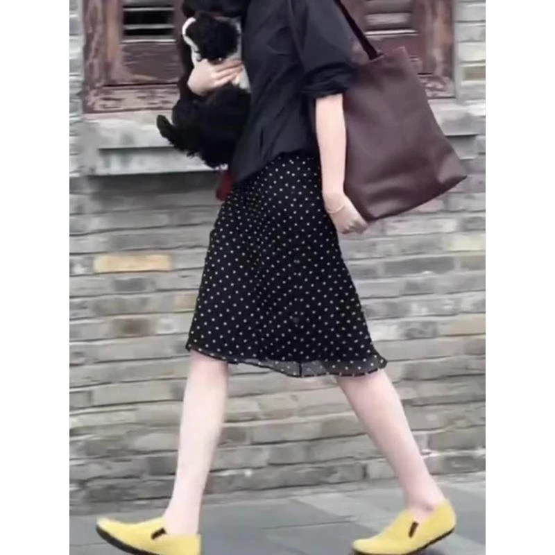 轻熟风法式复古高腰气质黑色显瘦波点中长裙时尚直筒半身裙百搭女