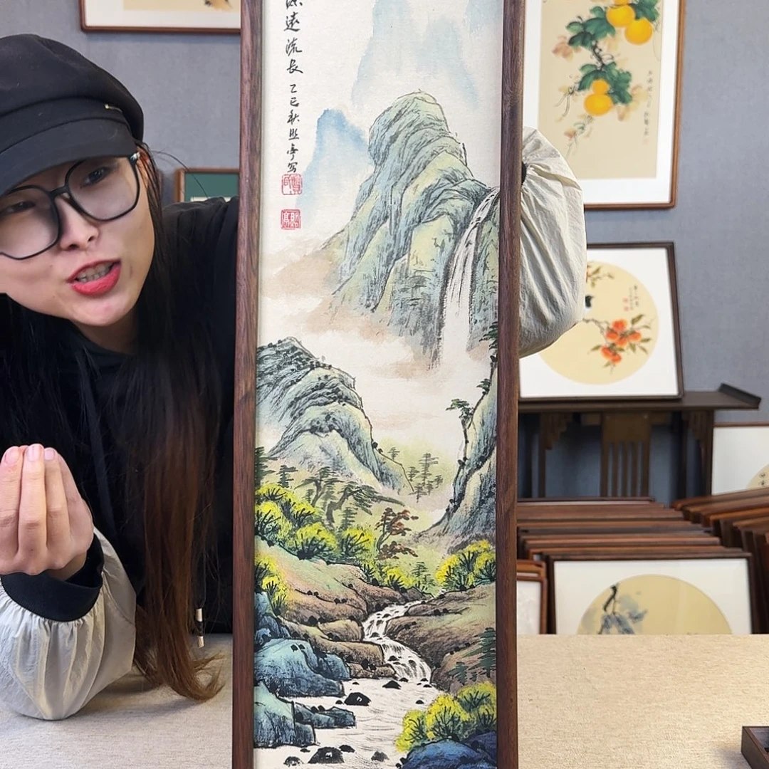 国画纯手绘，纯手写带框尺寸：20×70厘米