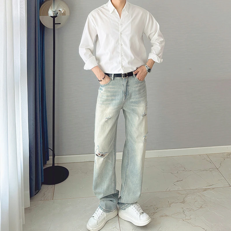 朱渣渣 复古vintage水洗破洞牛仔裤男合体直筒显瘦长裤春秋季潮牌