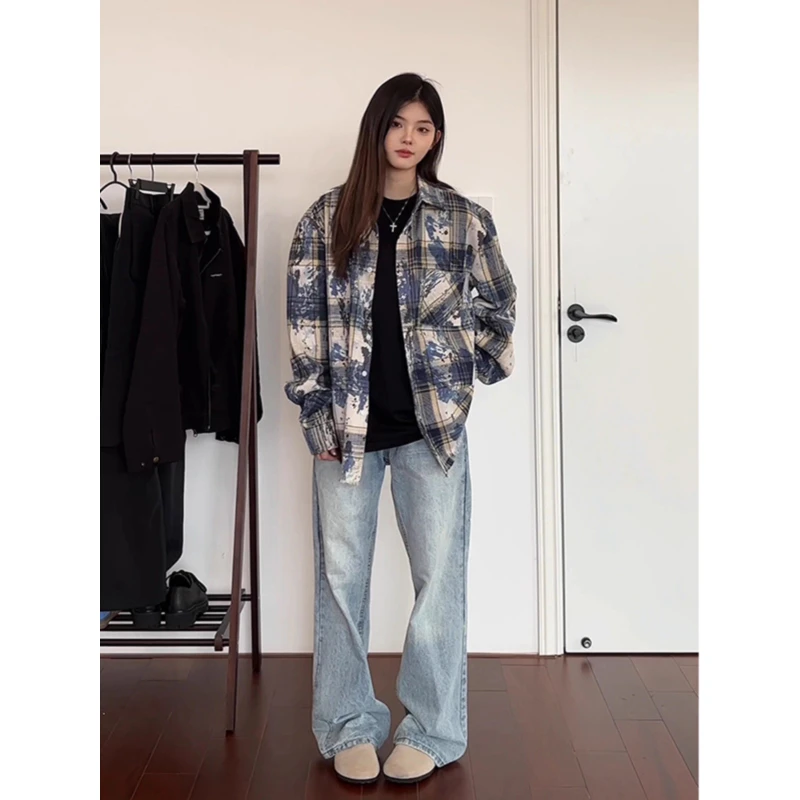 蓝色格子水墨扎染衬衫男款设计感小众早秋衬衣轻奢高级感美式外套