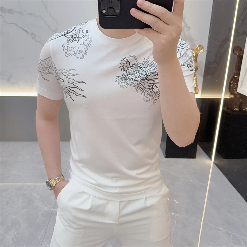 夏季短袖新款时尚潮流网红烫钻帅气圆领短袖修身百搭半袖T恤男潮