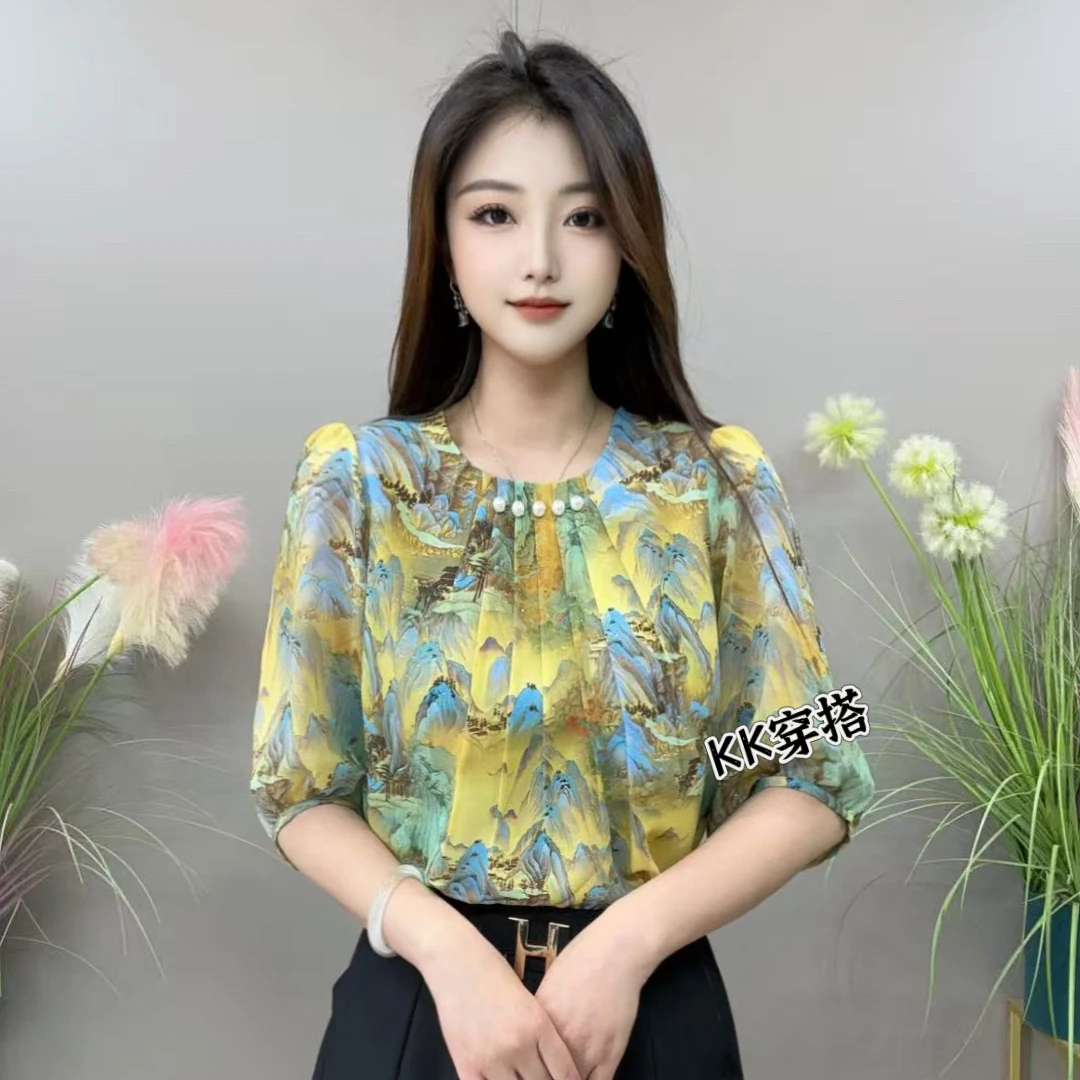 【KK】YLY8923夏季上新时尚古典花色珠子款气质百搭衬衫