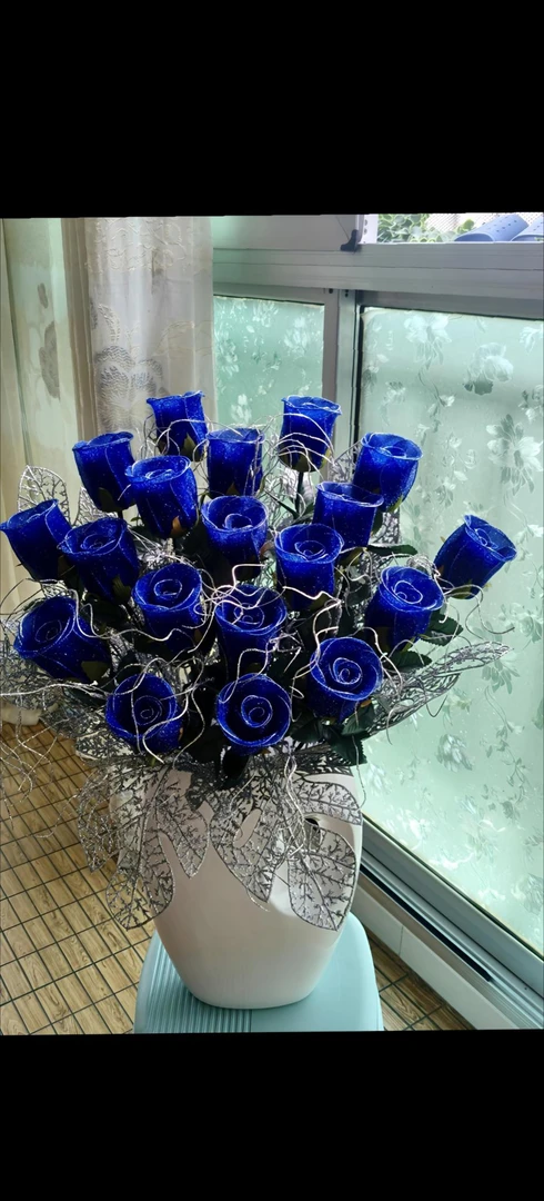 纯手工制作丝网花蓝色妖姬19朵带花瓶玫瑰花花束高档高级感仿真花