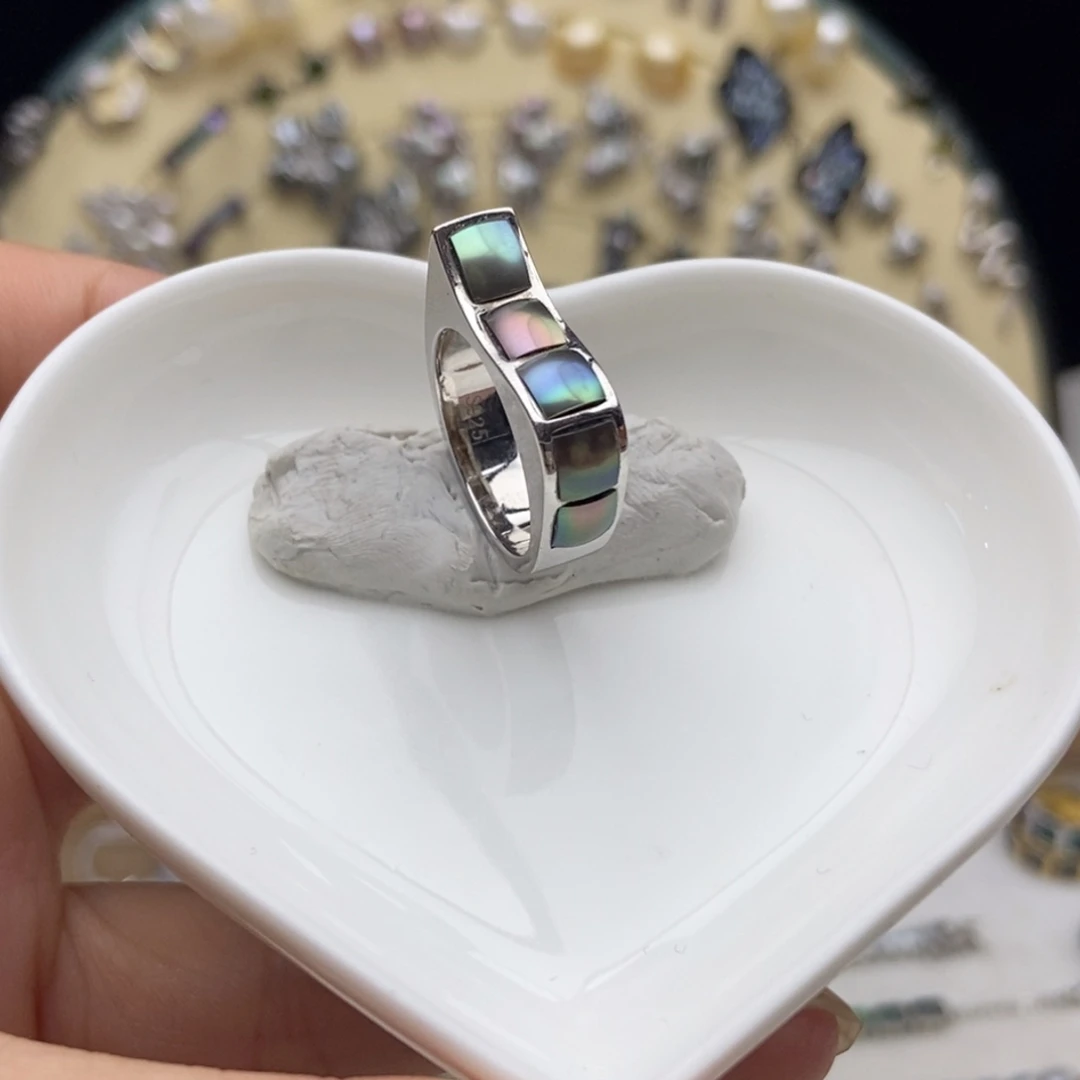 银S925镶嵌画框海水珍珠辣彩大溪地水波浪戒指12号