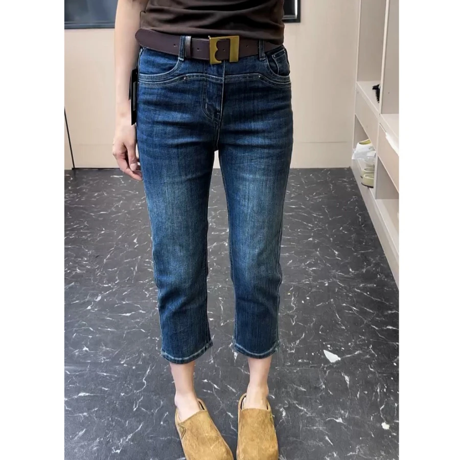 大码女装复古百搭直筒牛仔裤女秋季新款高腰弹力遮胯修身烟管裤子