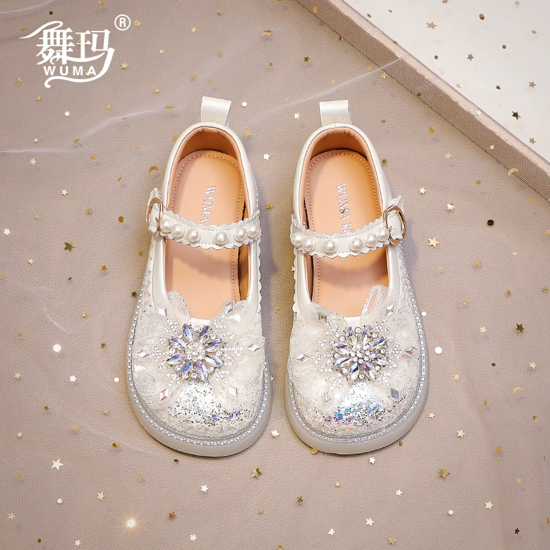 舞玛女童鞋子儿童公主鞋2025新款春秋季水钻蝴蝶结软底皮鞋538336