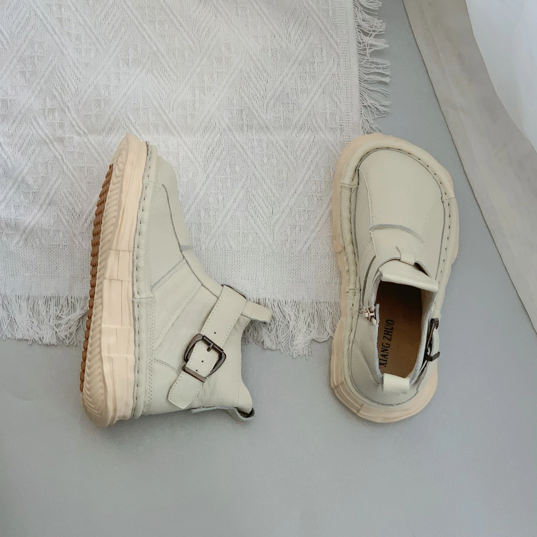 手工女鞋头层牛皮马丁靴女秋冬新款英伦风加绒短靴棉靴厚底单靴子