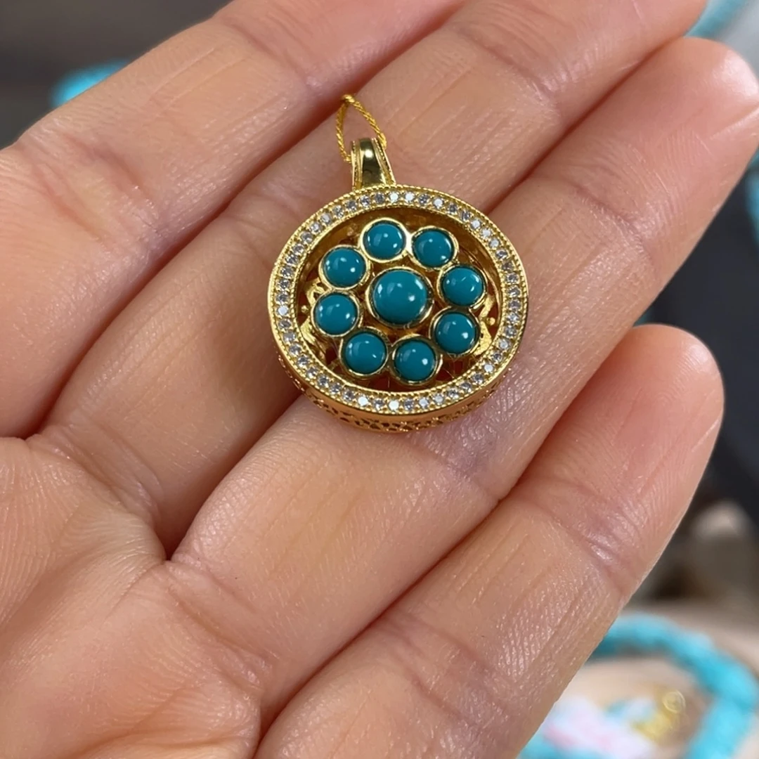 绿松石银S925镀金镶嵌套链时来运转八宝罗盘