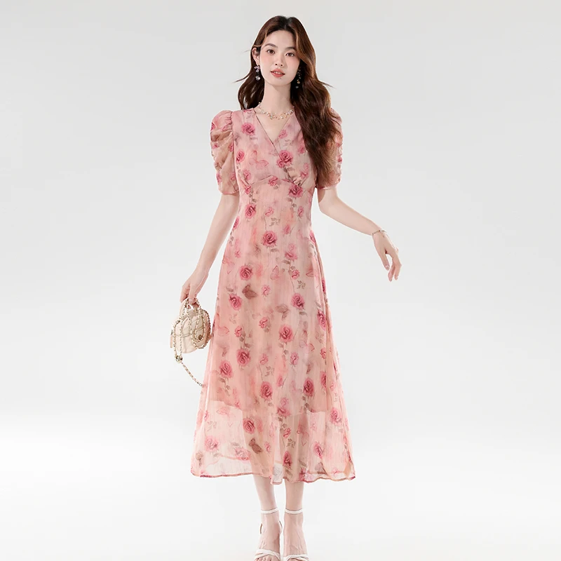 2025夏新款法式V领温柔优雅气质收腰显瘦长款雪纺花朵碎花连衣裙