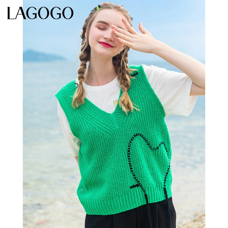 Lagogo新款V领撞色设计针织马甲女LAMM072H32