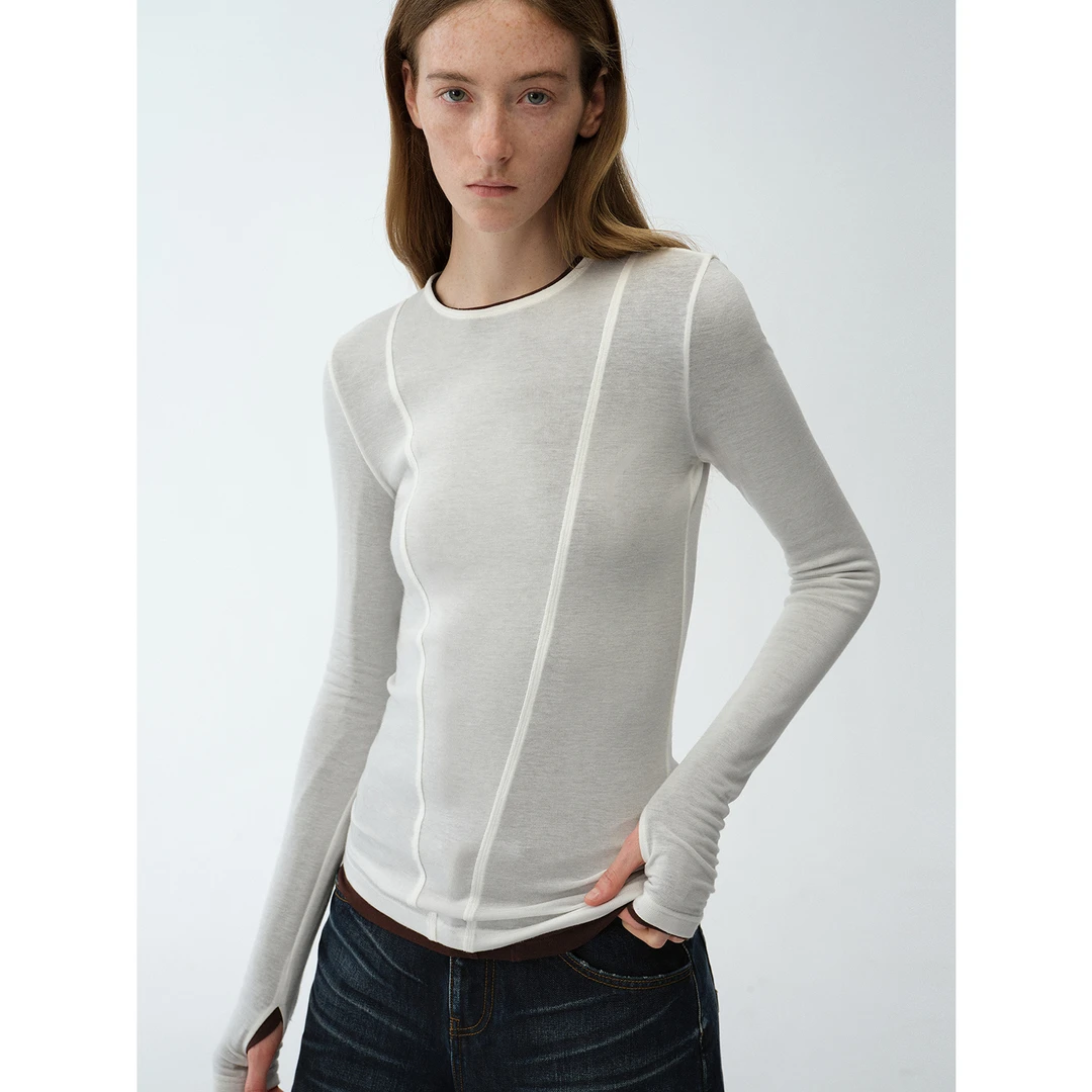 付智恩 极简瞬间 简约休闲V领拉链长袖T恤上衣