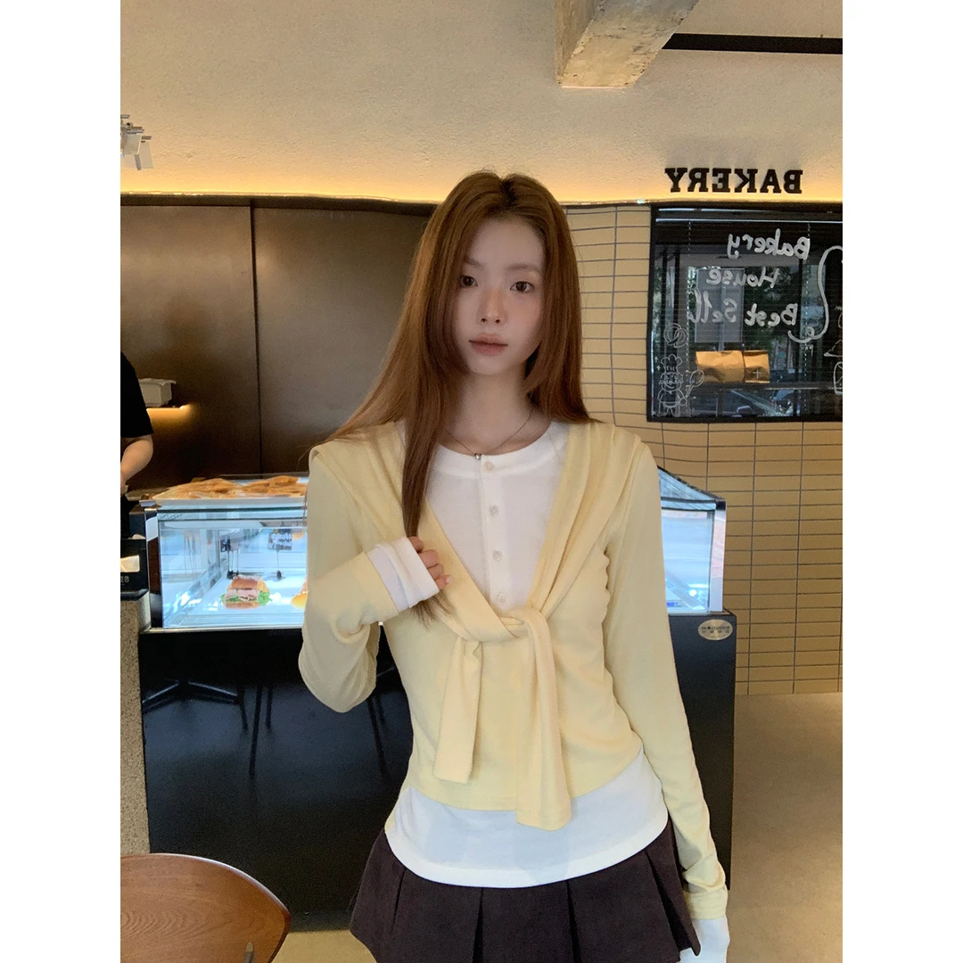 【银杏叶T恤】秋季ins假两件慵懒随性百搭显瘦修身T恤253V2339