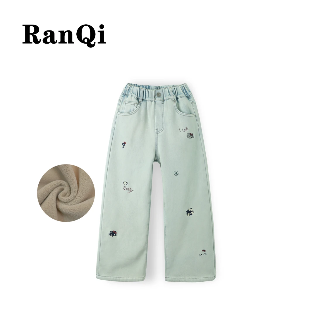 女童加绒冬季牛仔裤2025新净色简约百搭显瘦中大童直筒牛仔裤Y255