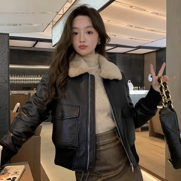 【锦米】绵羊皮女装短外套ins网红洋气时尚冬季皮毛一体领加棉保暖