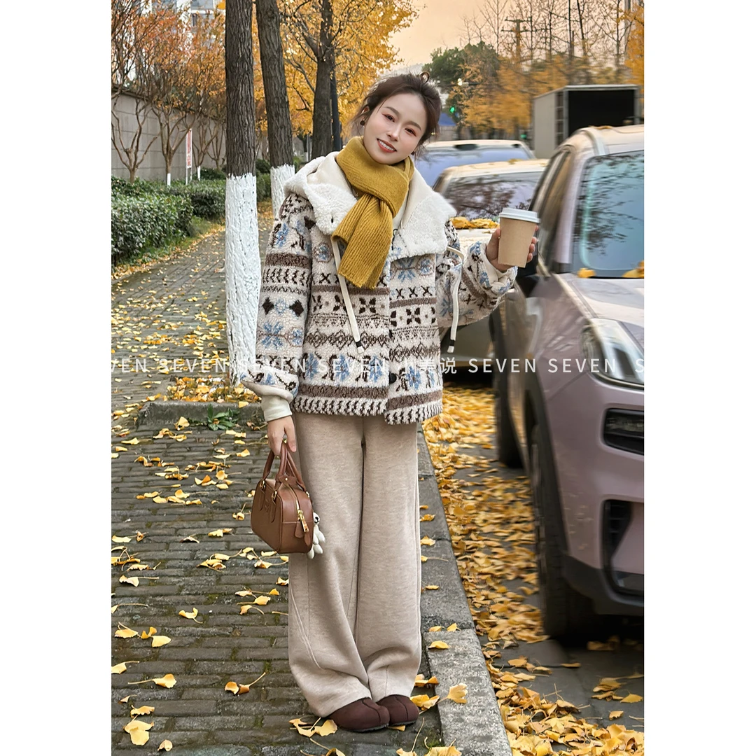 ⑦七七146小个子复古羊羔毛毛领短外套女冬提花加厚保暖上衣小美说