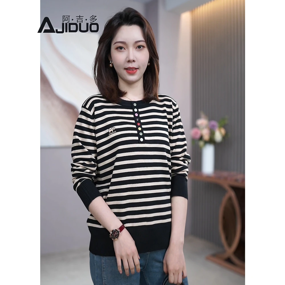 秋装2025新款百搭圆领条纹针织衫上衣中年女装洋气长袖套头打底衫