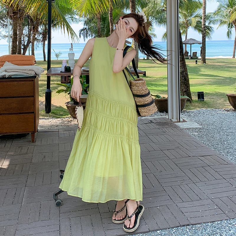 长裙夏季无袖连衣裙玫红色长裙绿色高腰时髦小姨风显瘦裙子气质