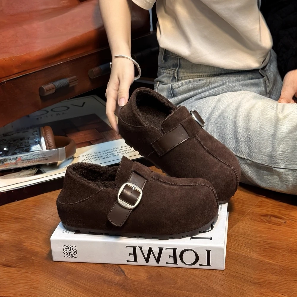 磨砂真皮厚底复古勃肯鞋女2025秋冬新款百搭小个子增高加绒休闲鞋