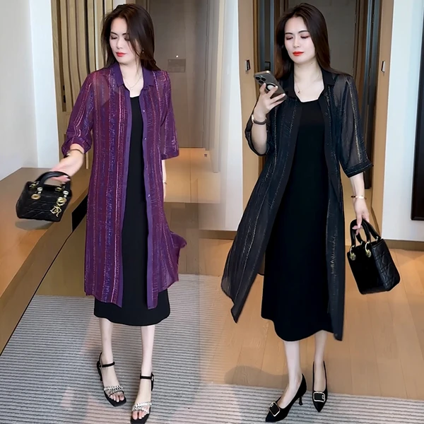上衣中长款防晒衬衫显瘦时尚套装裙子长袖时尚大码洋气女装255