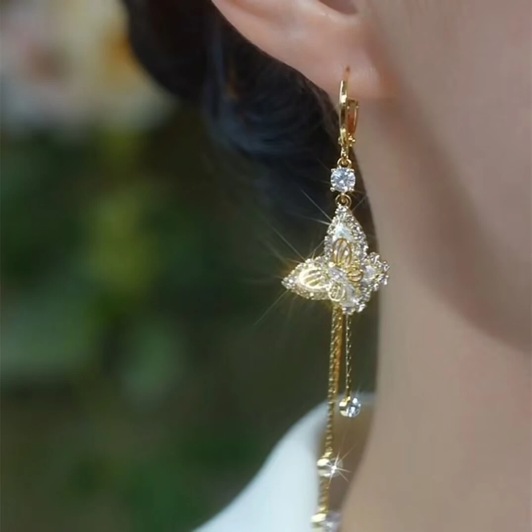 铜合金合成锆石耳饰 时尚个性灵动蝴蝶流苏显瘦长款精致耳环79号