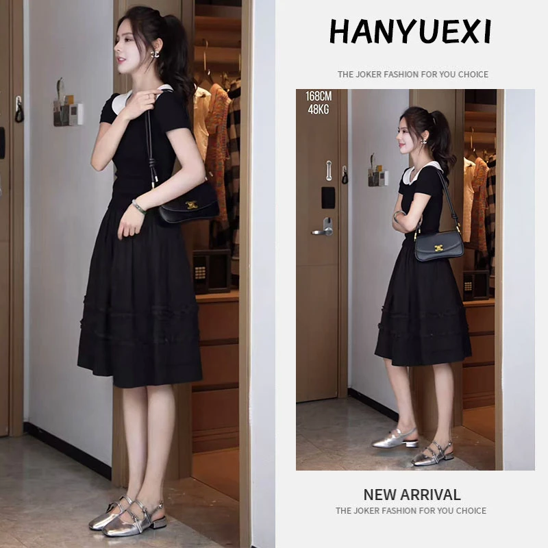 今年流行穿搭一整套2025新款娃娃领拼接短袖上衣木耳边半身裙套装