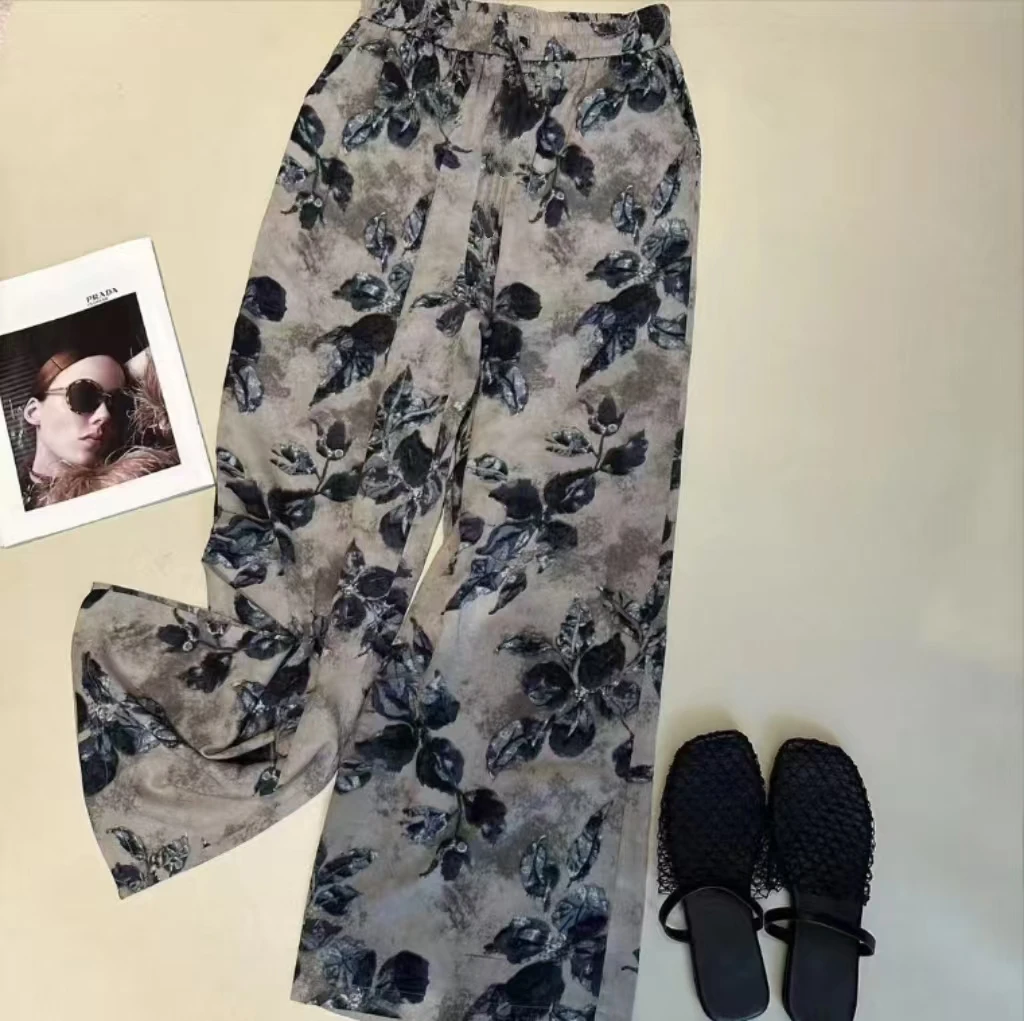 休闲裤女2025春秋新时尚花色水墨画松紧腰阔腿裤气质显瘦遮肉长裤