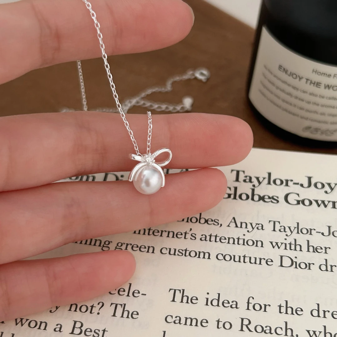 luluS925纯银蝴蝶结仿珍珠项链女小众设计轻奢气质高级感韩版ins