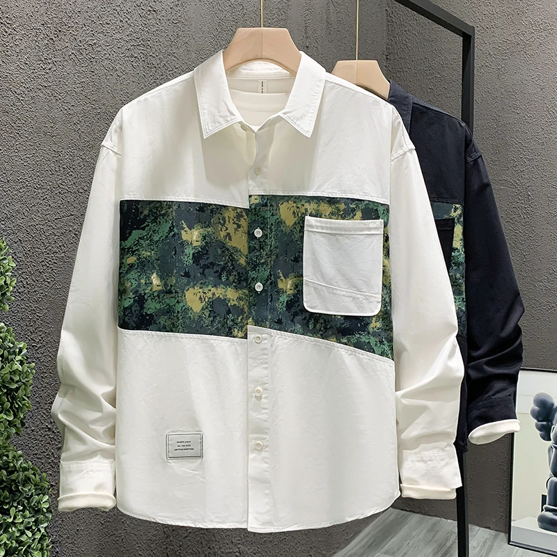 专柜高品质潮流撞色拼接长袖男装衬衫痞帅文艺休闲宽松纯棉衬衣男