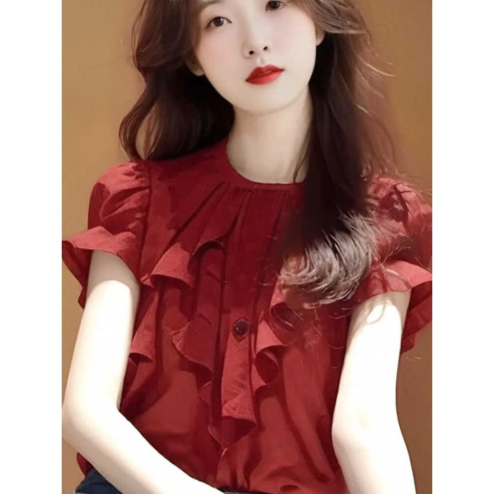 今年流行漂亮小衫泡泡袖上衣高级感2025夏季新款遮肉荷叶边衬衫女