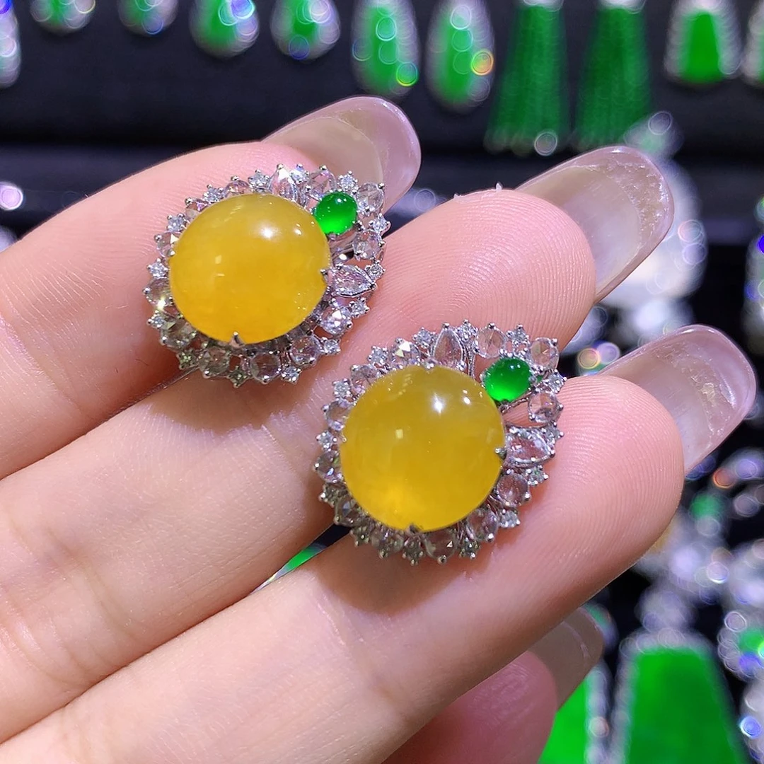 翡翠18K金镶嵌耳饰高冰黄翡