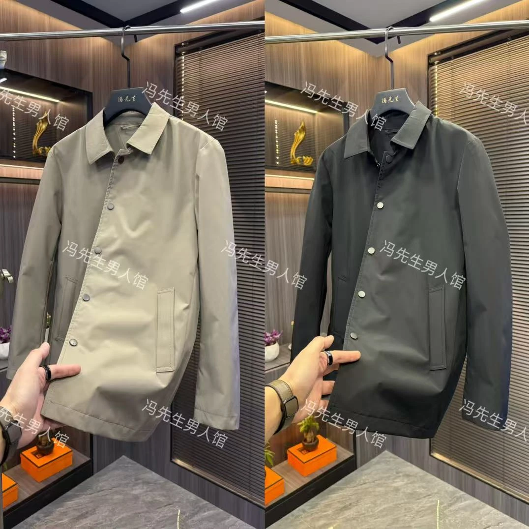 外套春季夹克防风中长款男士翻领修身纯色潮流纽扣秋季百搭风衣