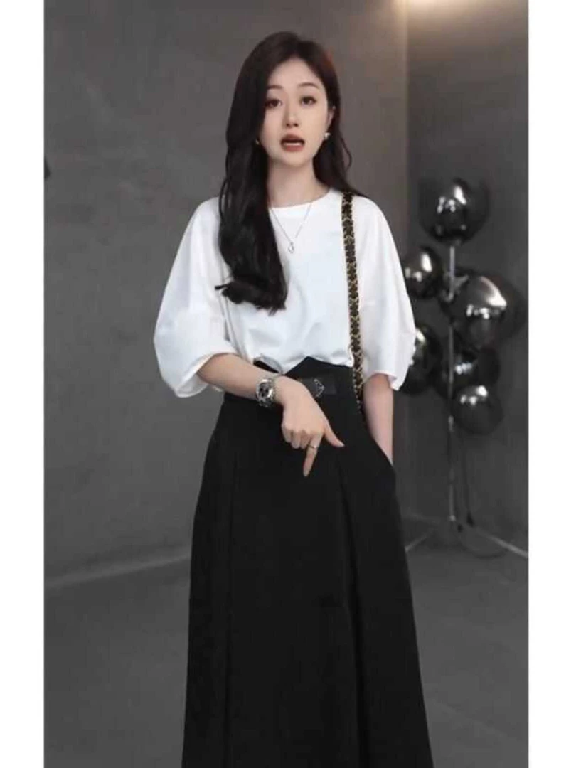 2025夏季简约时尚气质半身裙套装女高级感简约上衣遮肉显瘦两件套