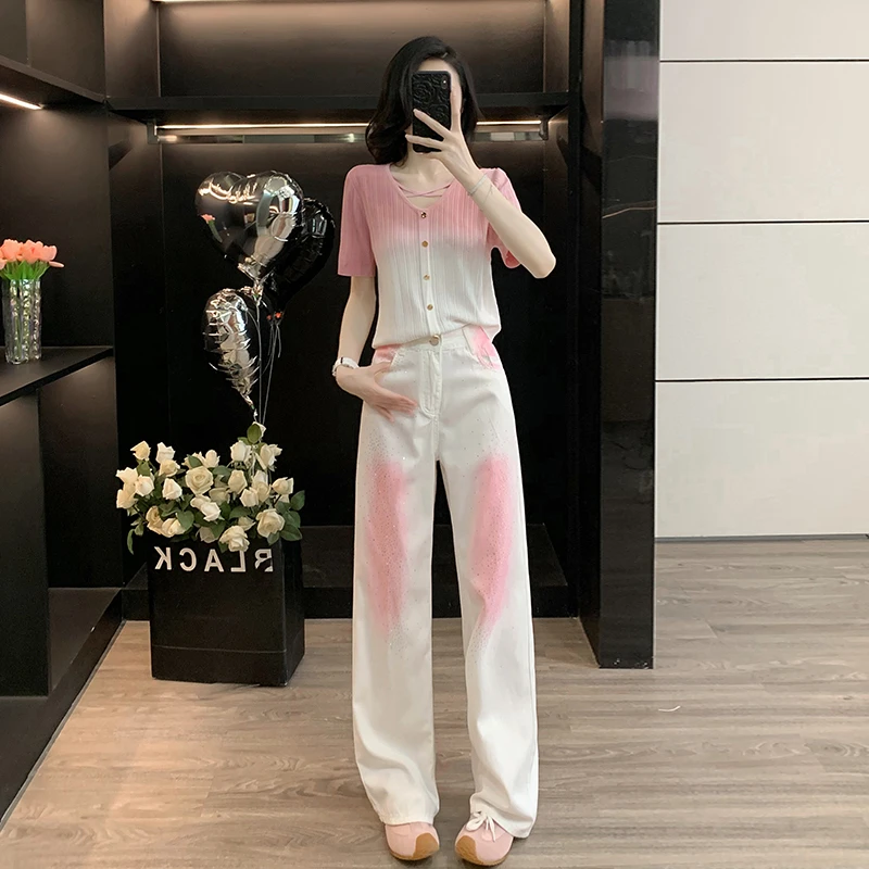 小众时尚女夏季藕粉色渐变针织衫短袖上衣搭配阔腿牛仔裤时尚套装