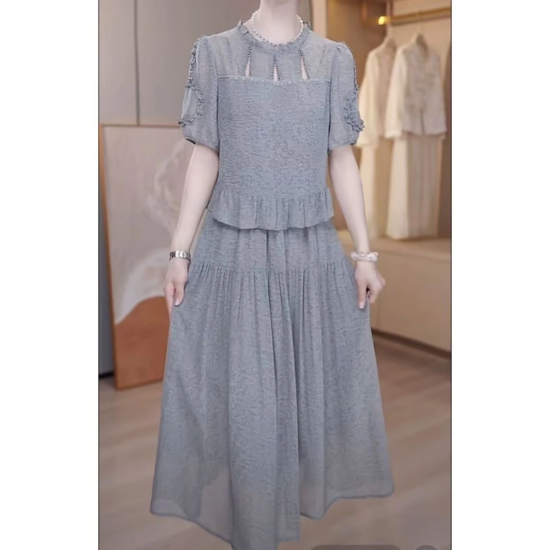 高档琉璃丝优雅气质假两件礼服裙2025夏季新款遮肚显瘦简约连衣裙