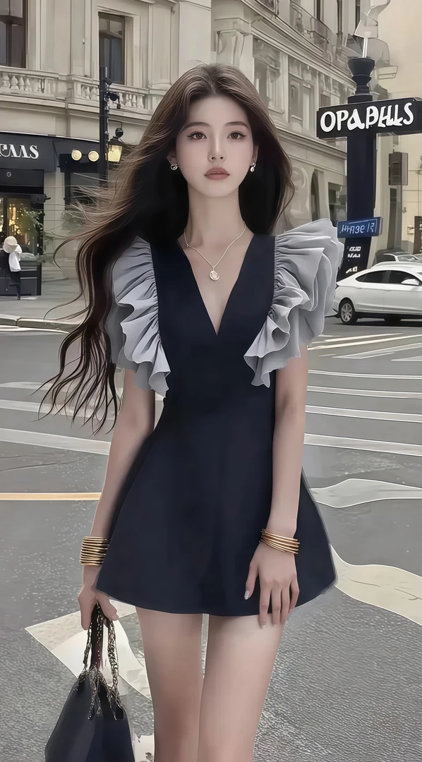 夏季新款温柔穿搭V领黑色收腰灰袖连衣裙轻奢时尚小众高级氛围感