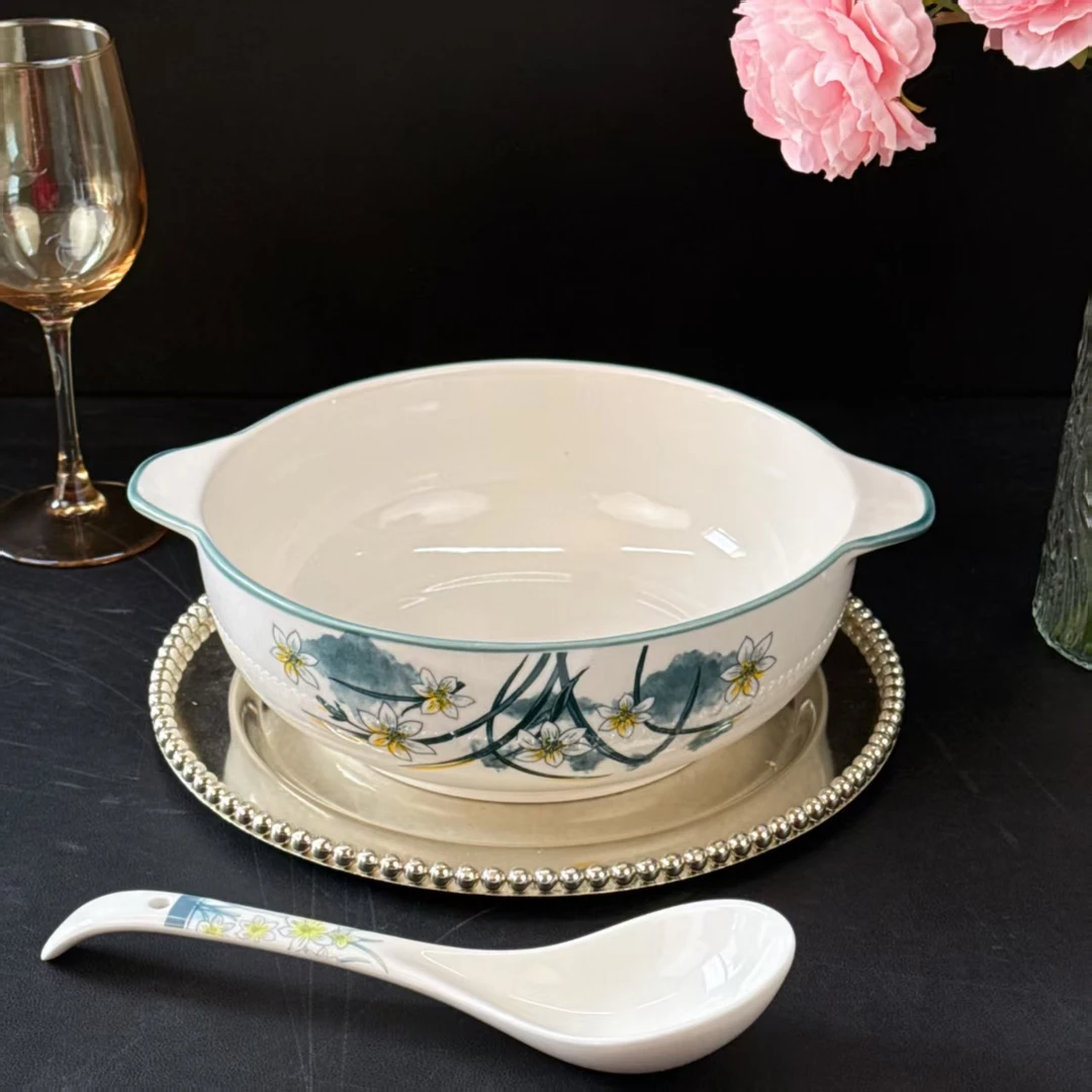 水仙花10.5英寸双耳碗一个+同款汤勺 破损补发