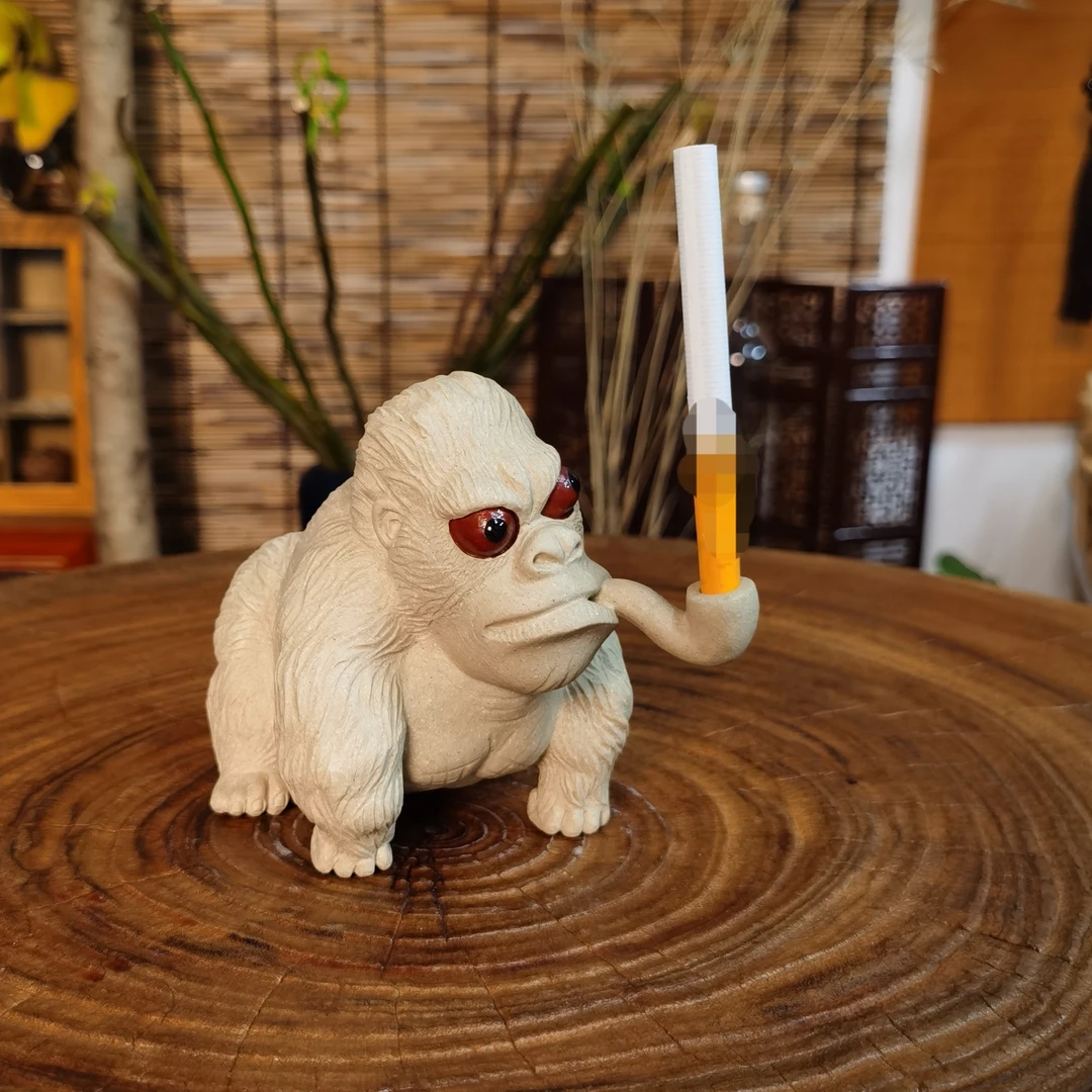 紫砂茶宠摆件烟斗金刚猩猩 长13 高11.5手工