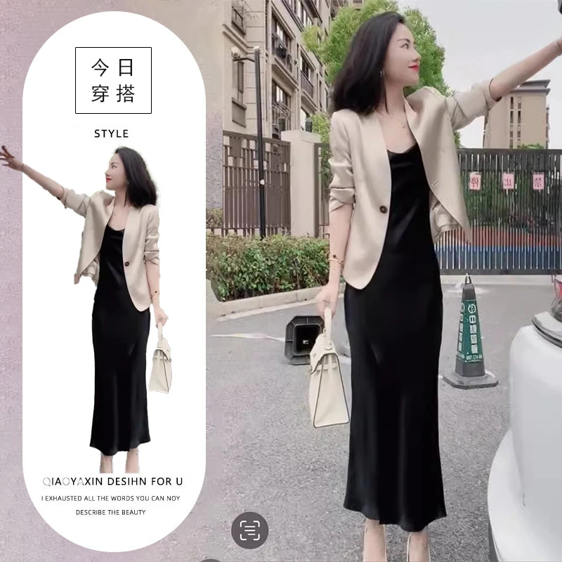 网红爆款时尚西服套装裙女2025春季新款高端醋酸显瘦外套+吊带裙